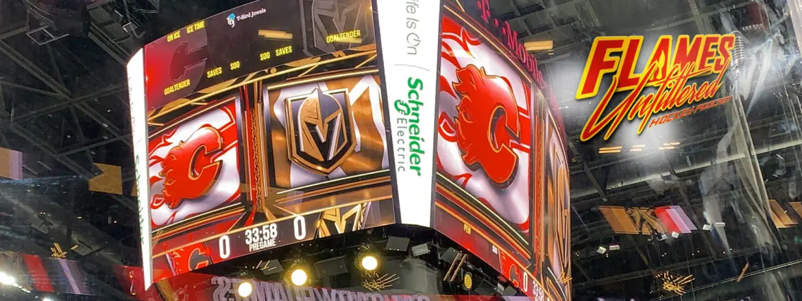Scoreboard showing Vegas Golden Knights and Calgary Flames hockey game.