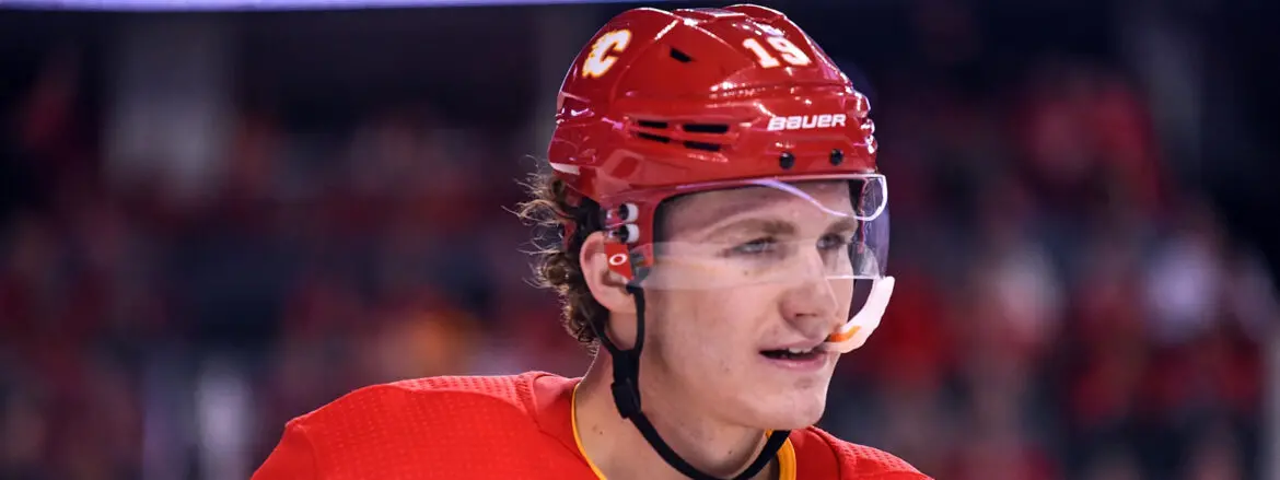 Close-up of a hockey player wearing a red helmet and jersey.