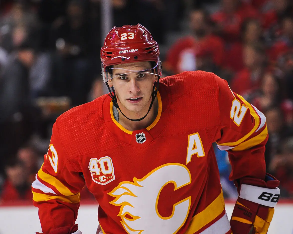 Calgary Flames hockey player in red jersey during a game.