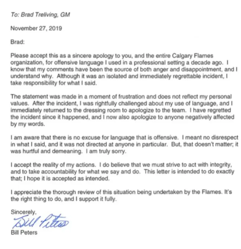 Typed apology letter addressing past offensive remarks and personal growth.
