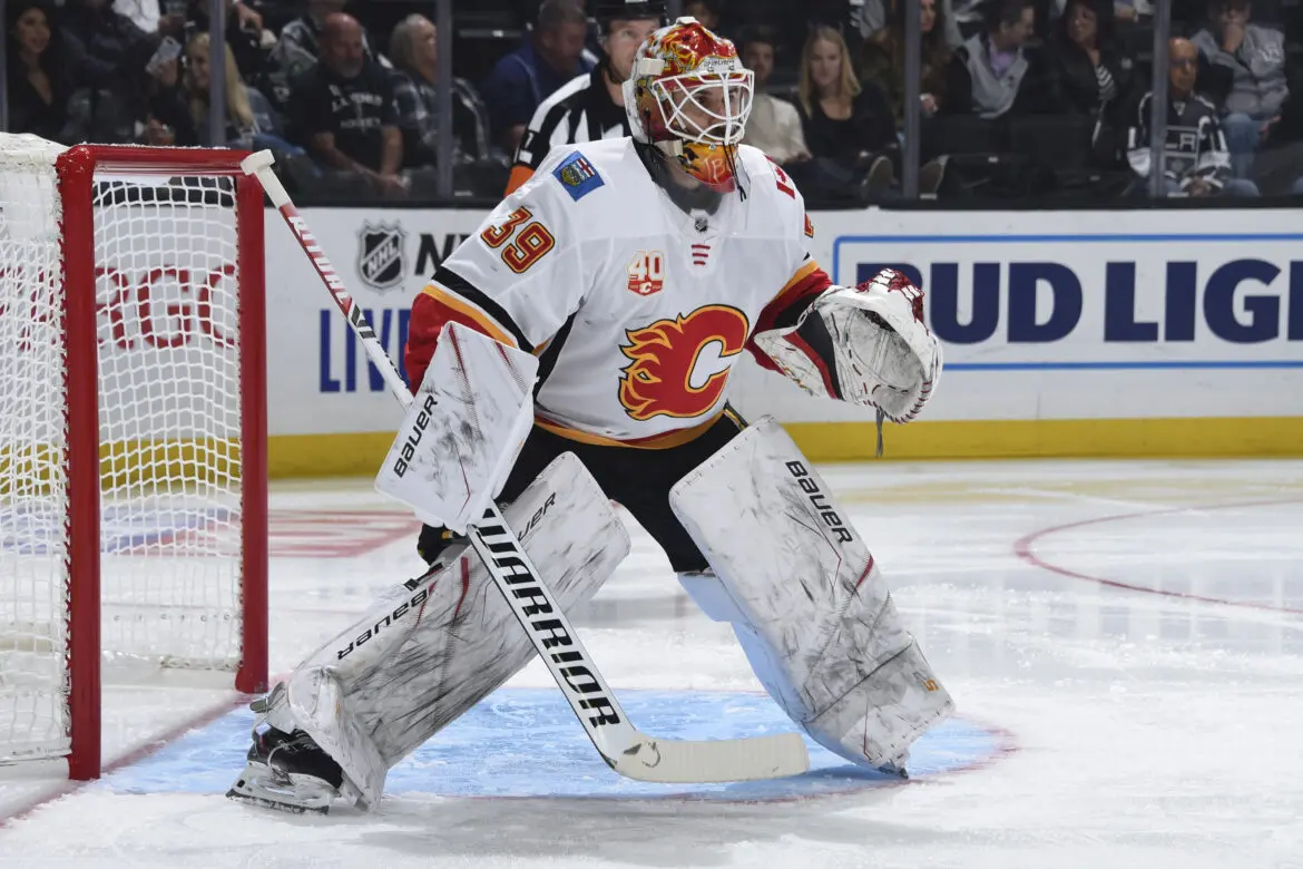 Hockey goalie in full gear ready to defend the net during a game.