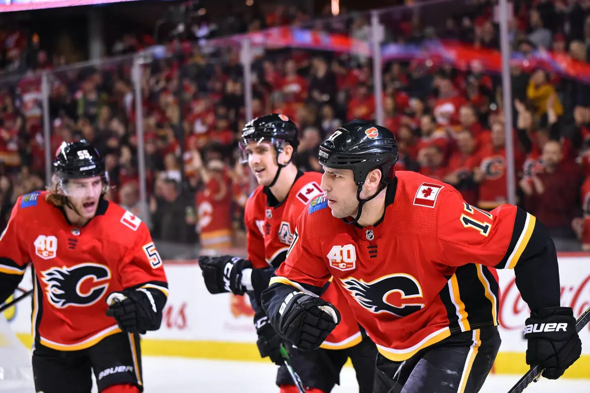 Calgary Flames hockey players celebrating during a game.