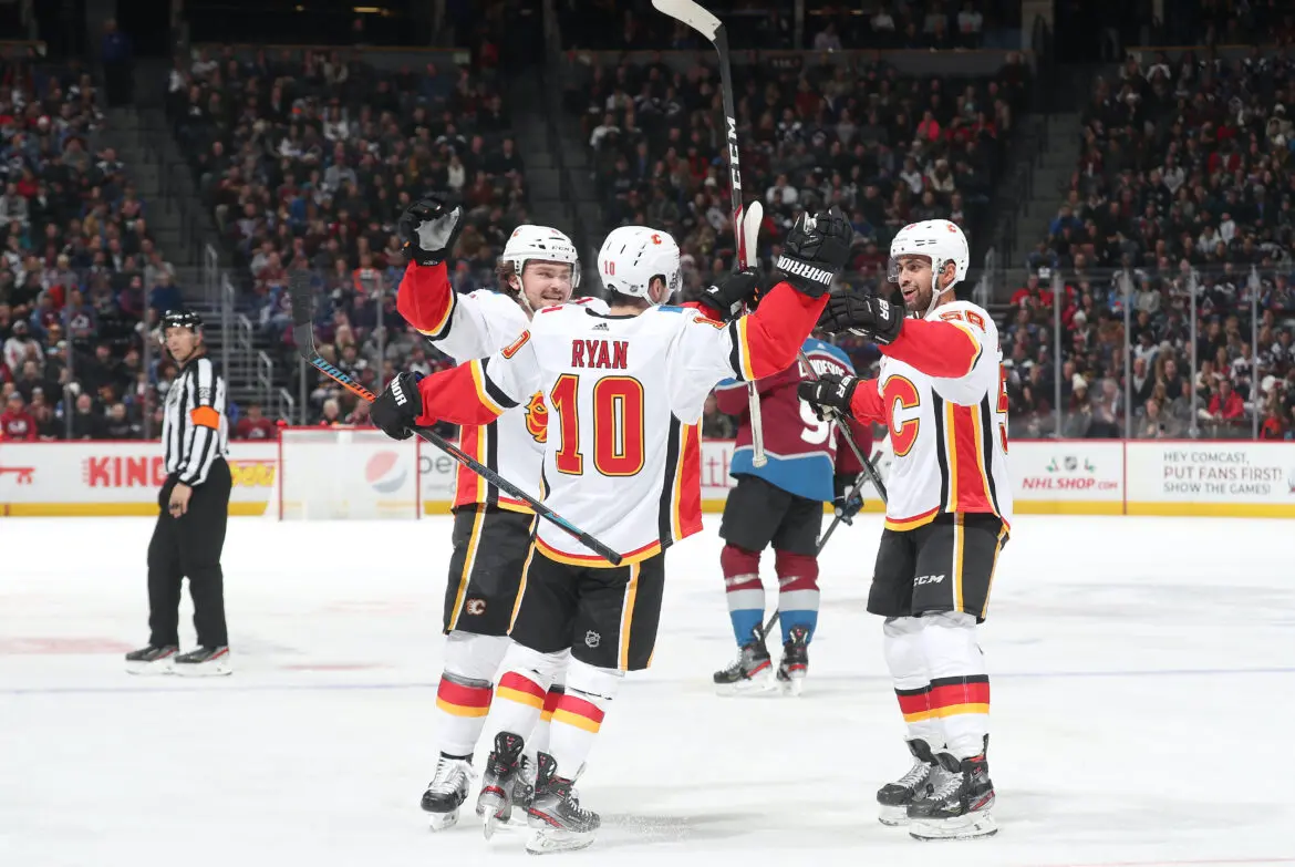 Calgary Flames players celebrating a goal during an NHL game.