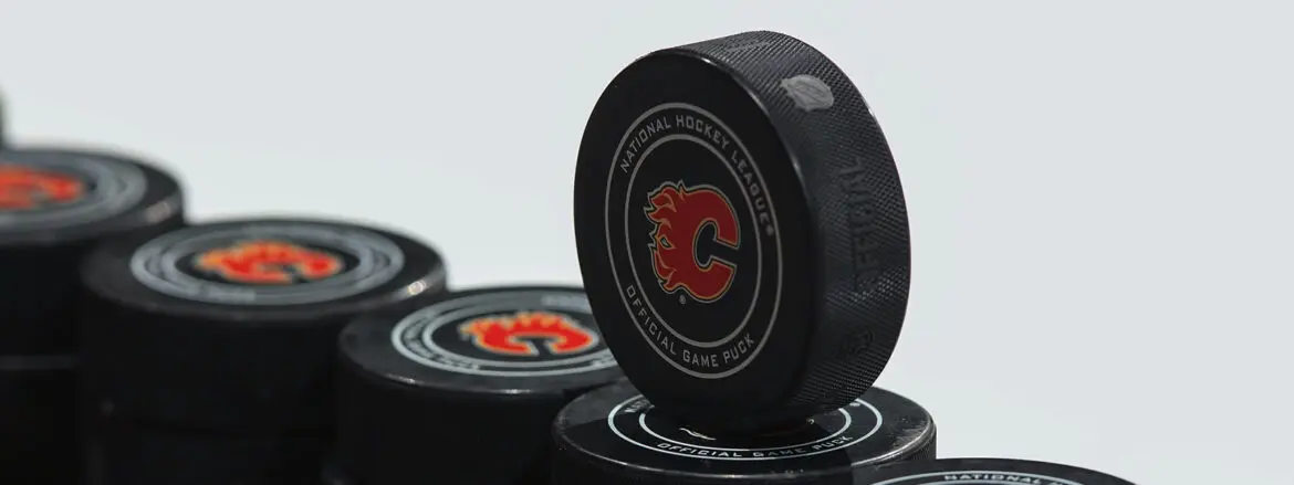 Hockey pucks stacked, featuring Calgary Flames logos.