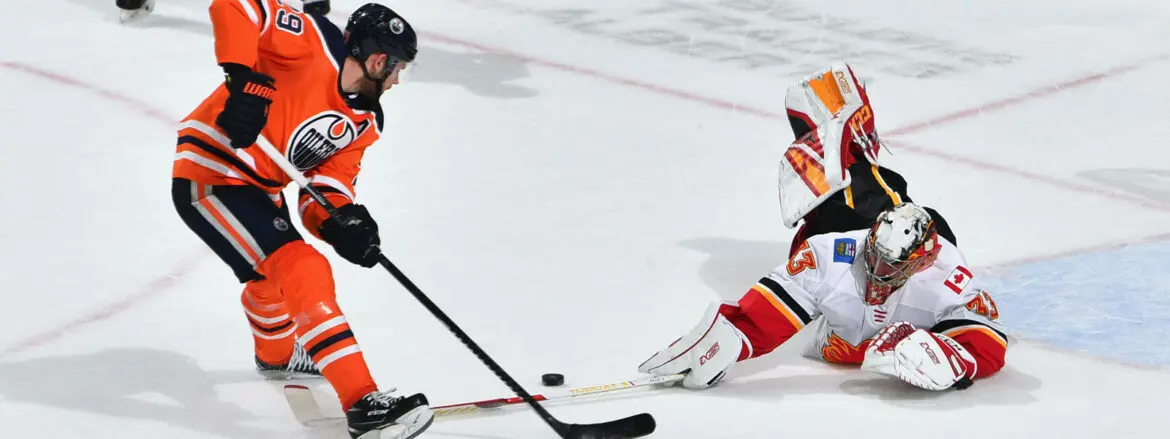 Two ice hockey players competing for the puck on the rink.