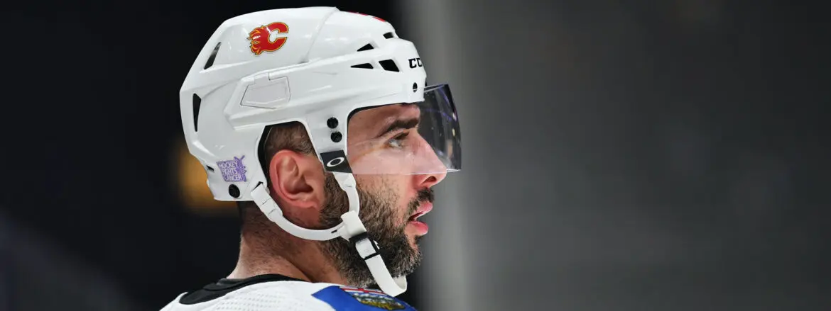 Profile of a focused ice hockey player wearing a white helmet.