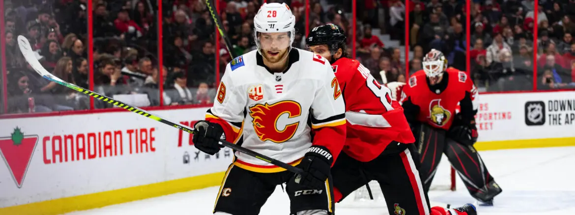Hockey player in Calgary Flames uniform on ice during a game.