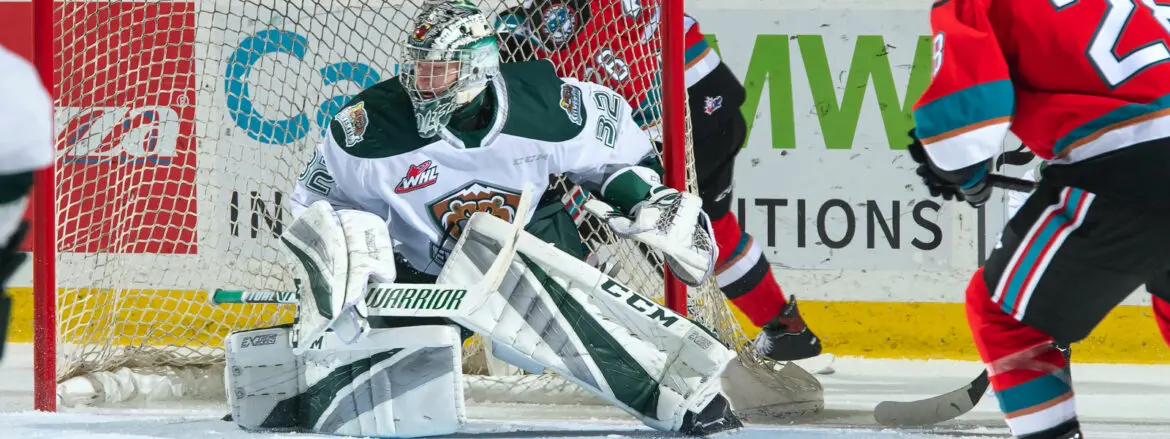 Ice hockey goalie in action, ready to block a shot.