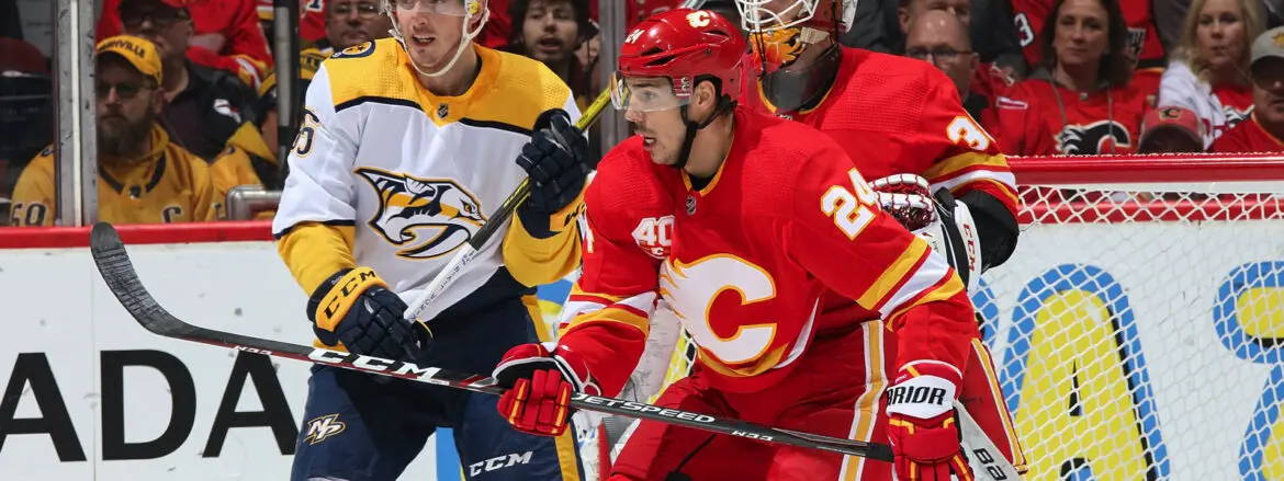 Hockey players from Calgary Flames and Nashville Predators compete intensely on the ice.