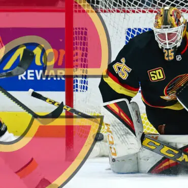 Vegas Golden Knights goalie ready in front of net during game.