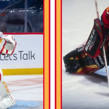Two hockey goaltenders in action during a game, each in their distinct gear.