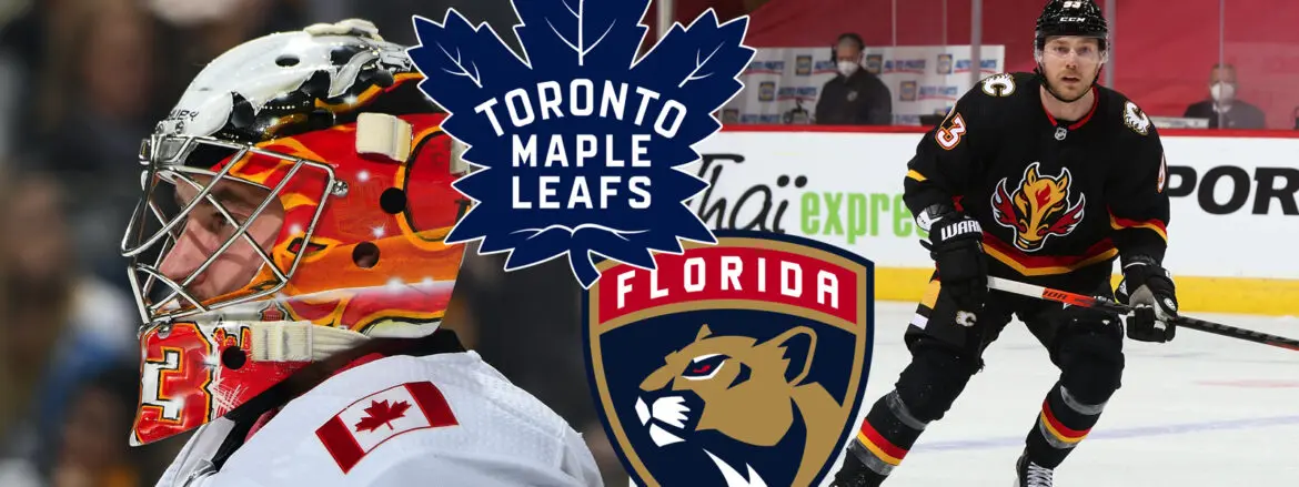 Toronto Maple Leafs and Florida Panthers logos with hockey players.