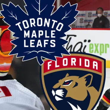 Toronto Maple Leafs and Florida Panthers logos with hockey players.