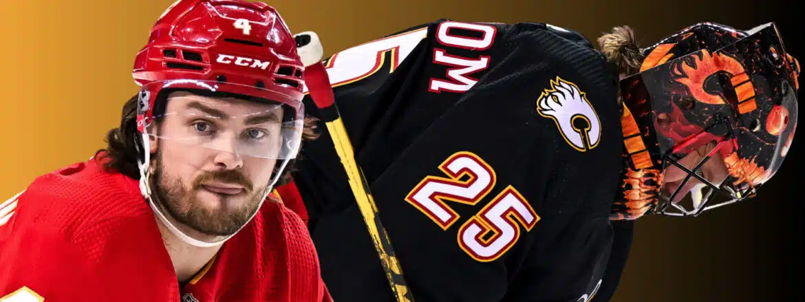 Close-up of a hockey player in red with a black jersey showing number 25.