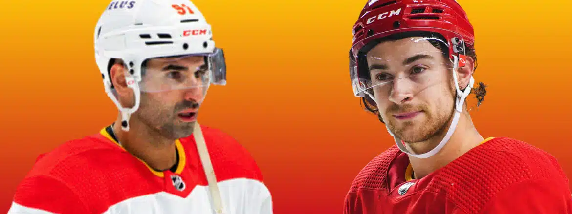 Two ice hockey players facing each other against an orange background.