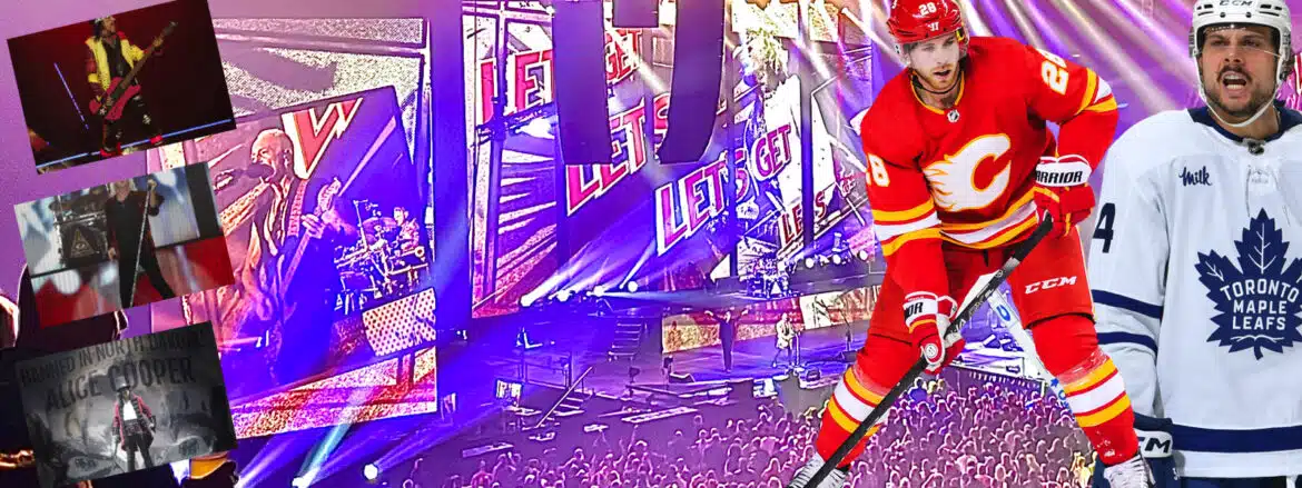 Ice hockey player skating near the goal in a packed arena.