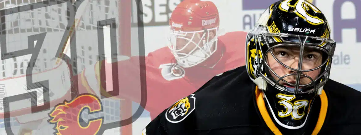 Ice hockey goalie in red gear and a security officer in black uniform.