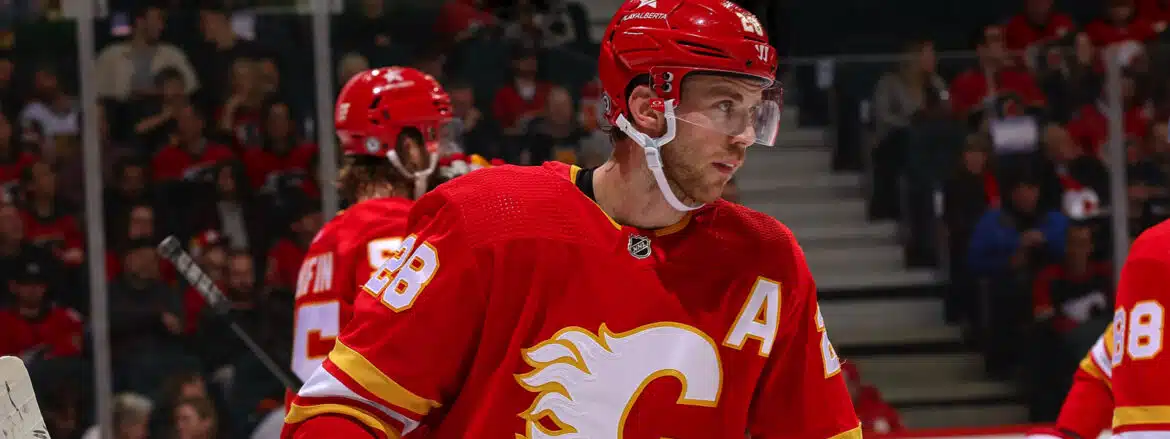 Calgary Flames hockey player focusing during a game.