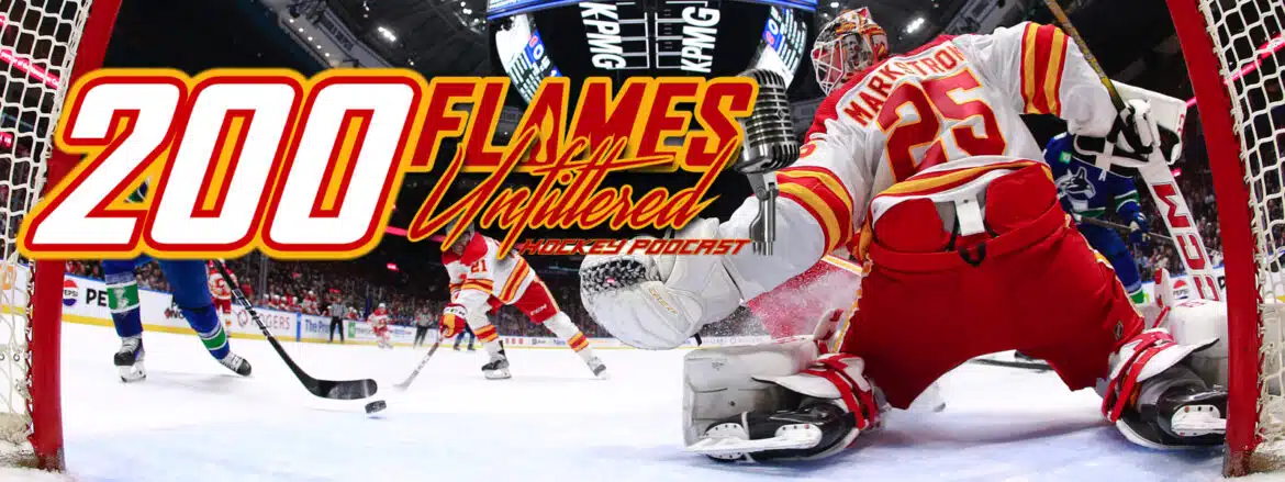 Hockey goalie in action during a fast-paced game against Calgary Flames.