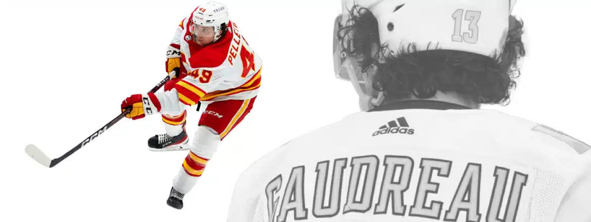 Hockey players in action, one wearing a Calgary Flames jersey.