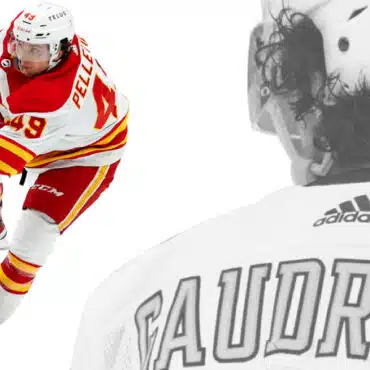 Hockey players in action, one wearing a Calgary Flames jersey.