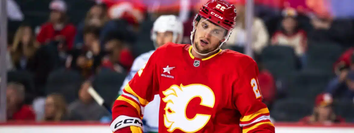 Hockey player in red Calgary Flames jersey on ice rink.