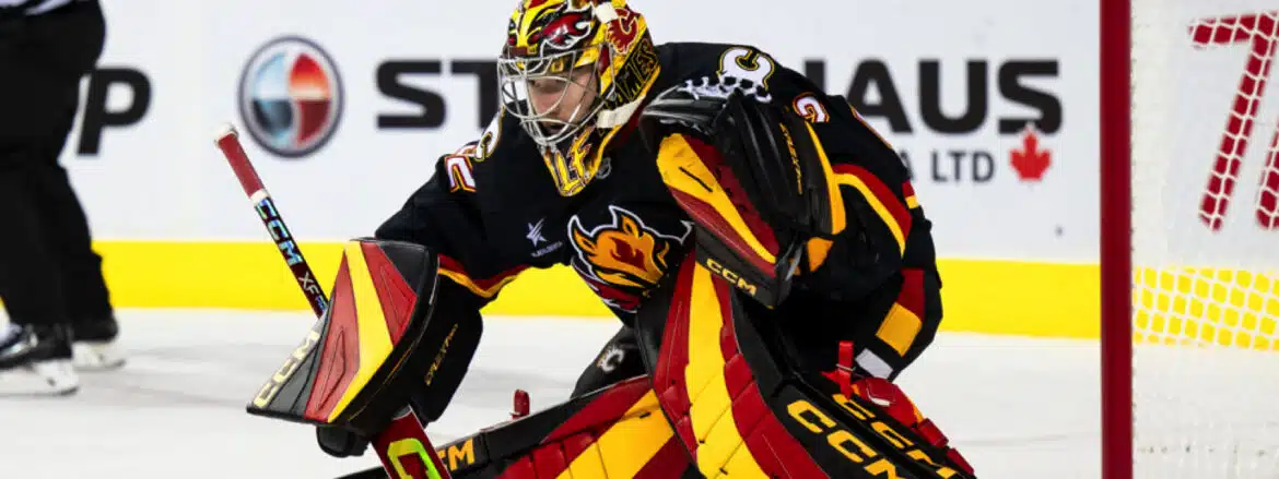 Ice hockey goalie in action wearing colorful gear.