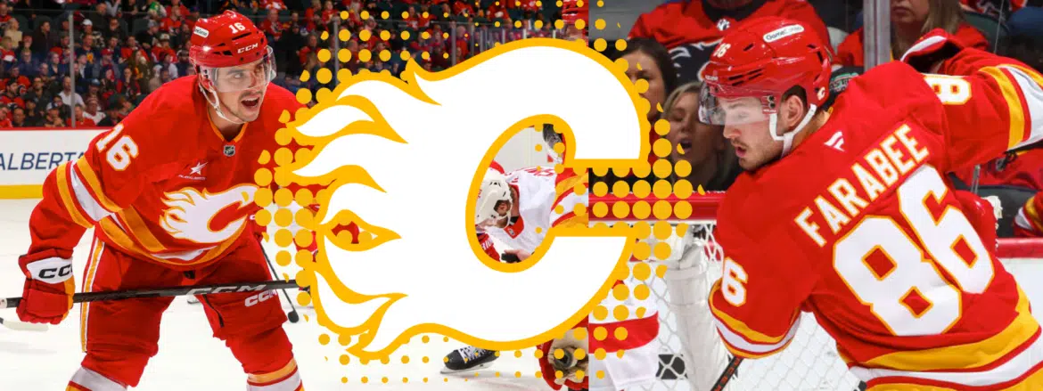 Calgary Flames logo with hockey players celebrating in the background.