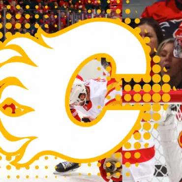 Calgary Flames logo with hockey players celebrating in the background.