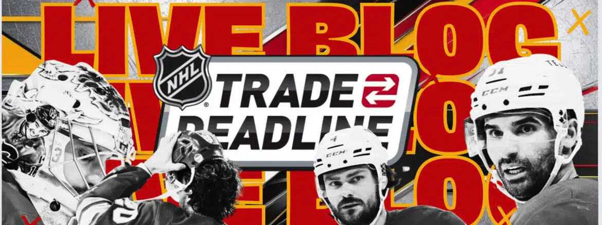 NHL trade deadline graphic with player images and bold text.