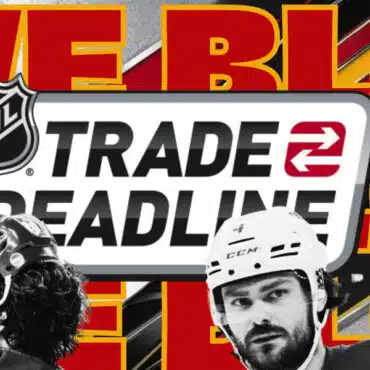 NHL trade deadline graphic with player images and bold text.