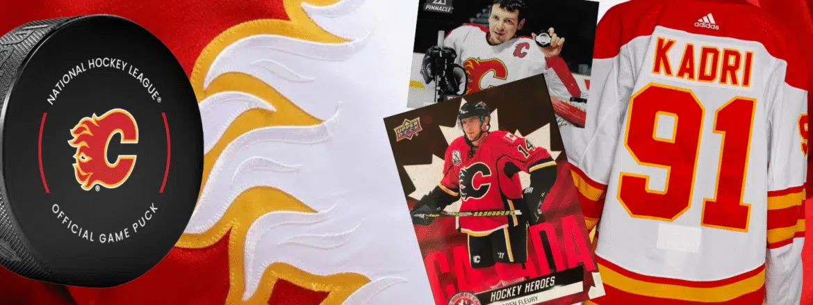 A Calgary Flames hockey card and part of the team's logo.