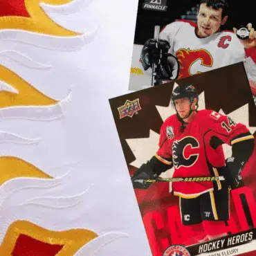 A Calgary Flames hockey card and part of the team's logo.