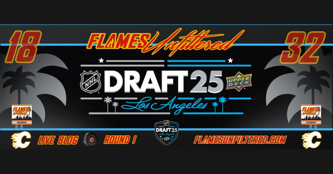 Graphic for the 2025 NHL Draft in Montreal, highlighting Flames and Jets selections.