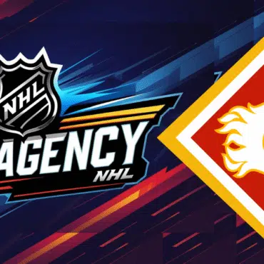 NHL Agency logo with a lion emblem on a dynamic blue and red background.