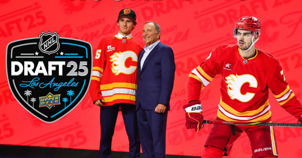 Young hockey player in Calgary Flames jersey with an official at the NHL draft.