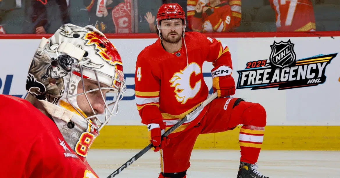 Calgary Flames hockey player in red uniform on ice rink during a game.