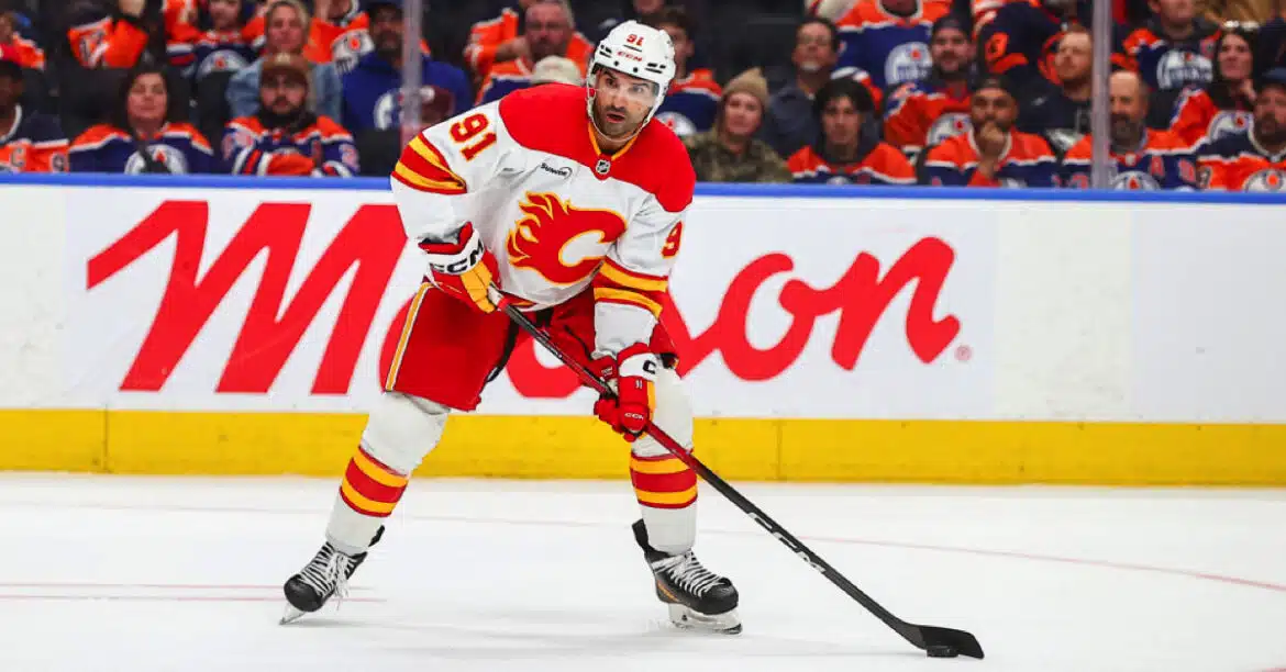 Calgary Flames hockey player in action during a game.