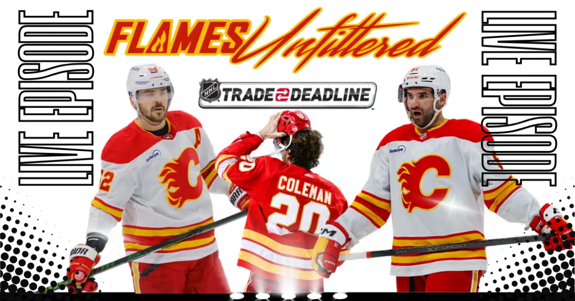 Calgary Flames players celebrate during the NHL trade deadline.