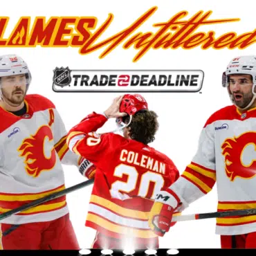 Calgary Flames players celebrate during the NHL trade deadline.